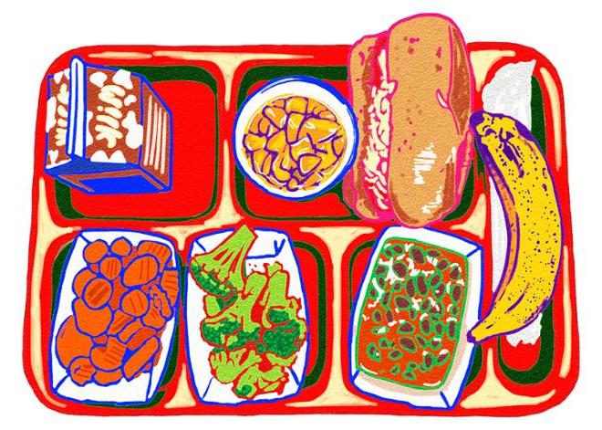 A digital 画 of a school lunch tray depicting a meatball sub, 一个香蕉, and an assortment of sides in bright colors. 