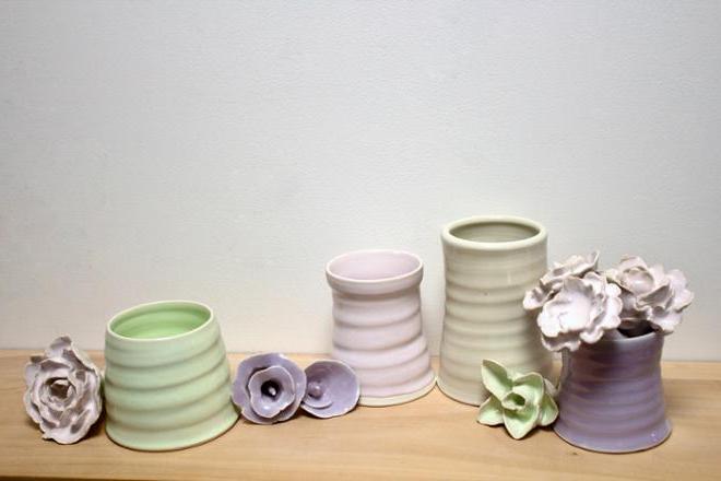 Ceramic vases with ceramic flowers. 
