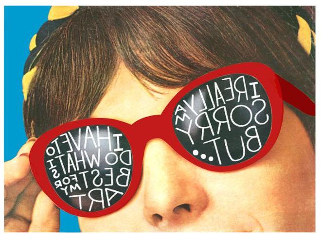 A close up of a person wearing sunglasses’ face with text written on the lenses. 