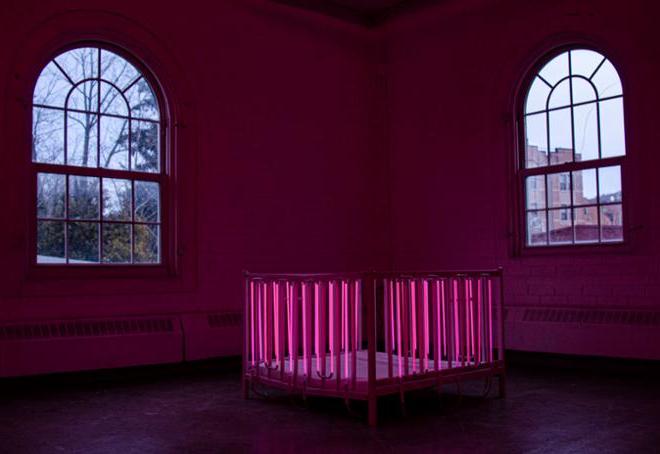 Pink neon crib-like sculpture.