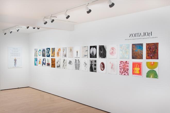 gallery wall space filled with drawings on display