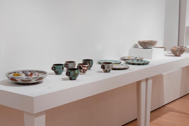 table with various pottery displayed