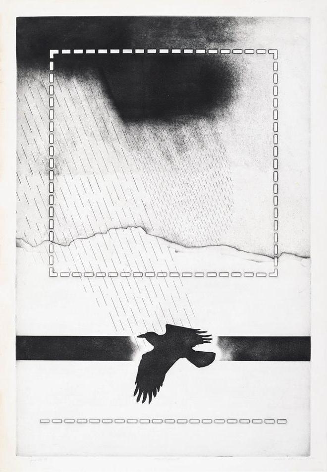 black and white print of crow and a storm cloud with geometric rain pattern